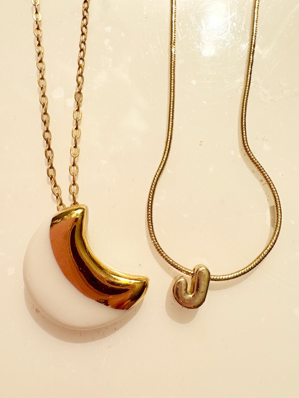 Gold and White Crescent Pendant Necklace Elegant Moon & Gold Initial J